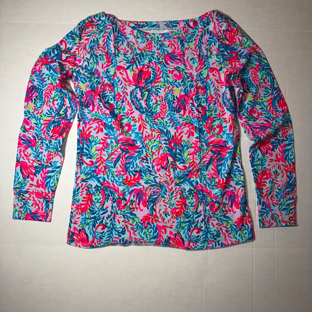 Lilly Pulitzer Vibrant Pink and Blue Floral Long Sleeve Top